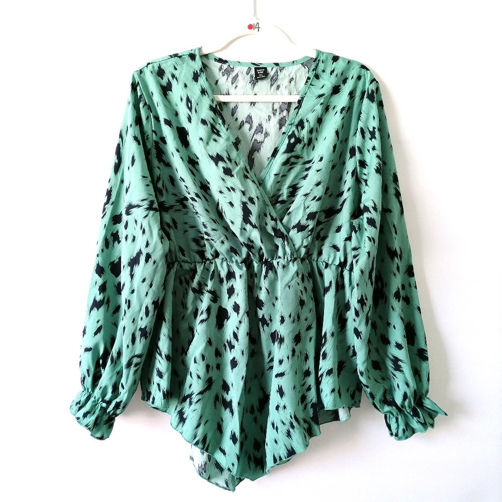 Shein Womens Mint Green Poet Sleeve Surplice V-Neck Overlay Blouse Top Size 1XL